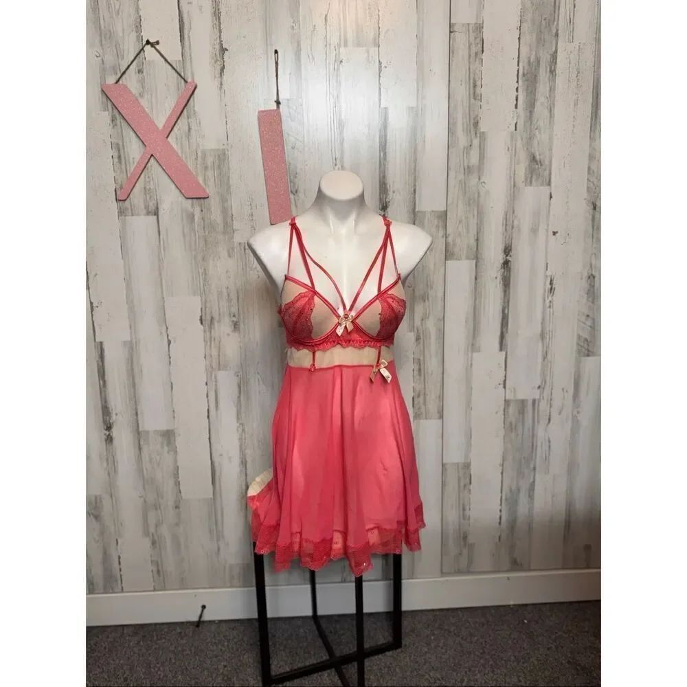 Women’s pink Lace Babydoll Lingerie Chemise Crisscross Back Size XL